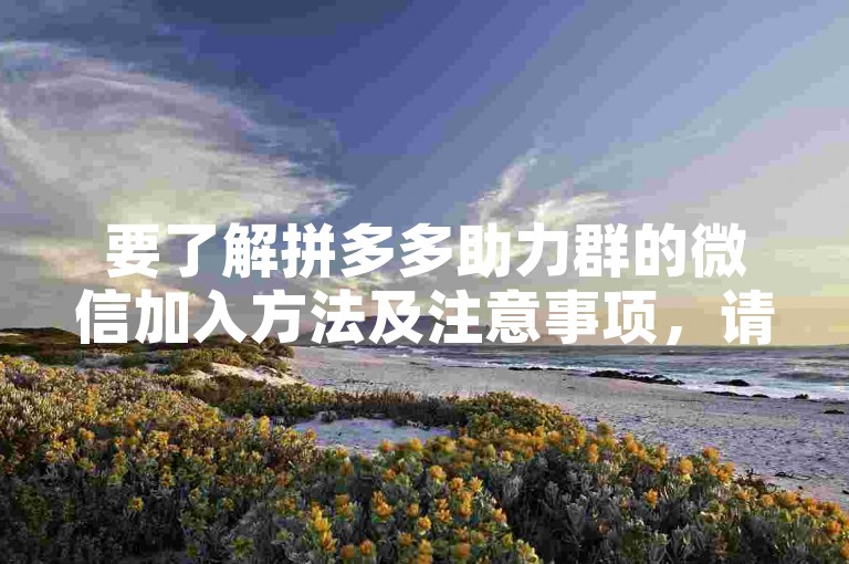 要了解拼多多助力群的微信加入方法及注意事项，请按照以下步骤操作。